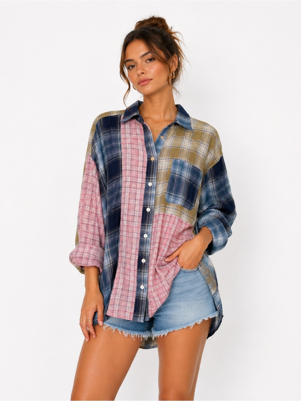 ee:some Patchwork Plaid Button Up Shirt Women Small Boho Oversized Long Sleeve